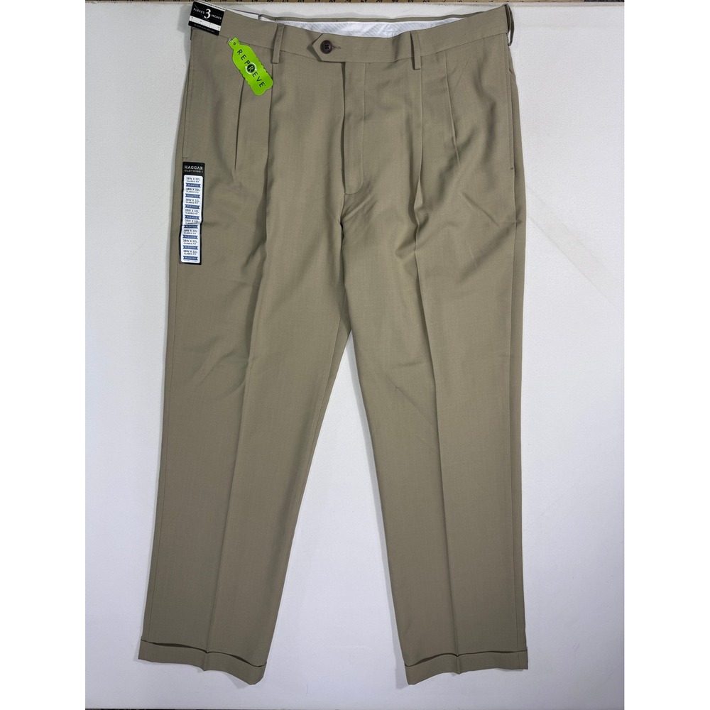 Haggar E-Clo Dress Pants Mens 38x32 Sand Pleated Classic Fit Stretch Cuffed NWT